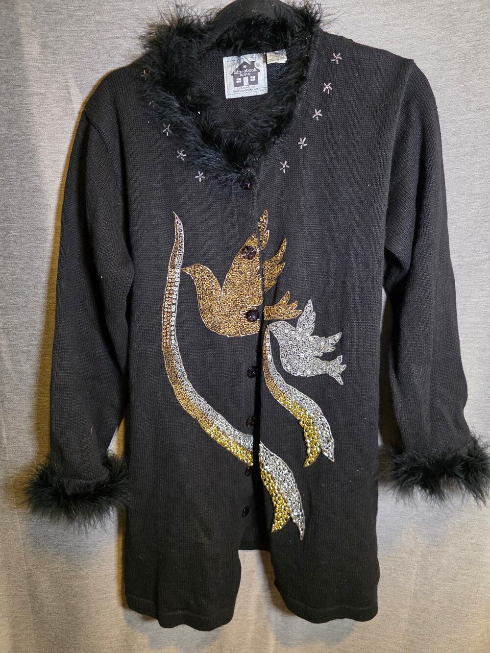 Storybook Knits Black Feather Trim Sequin Bird Cardigan Sweater Sz L Gold Silver